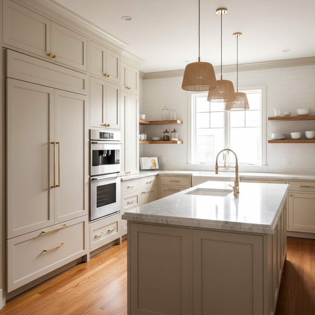 Bright upscale kitchen interior with integrated KitchenAid appliances