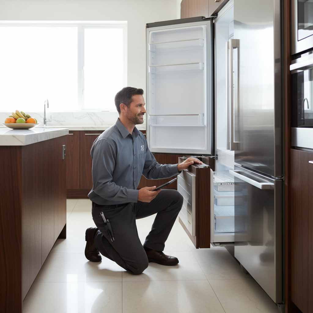 Professional appliance repair technician inspecting a built-in refrigerator